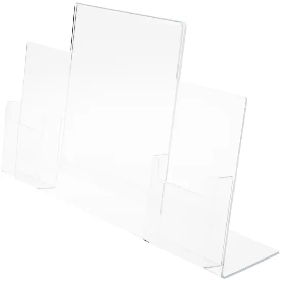 Plymor Clear Acrylic Slanted-Back Countertop Sign Holder with Tri-Fold Brochure Pocket on Right & Left, 11" H x 13" W x 5" D {1}