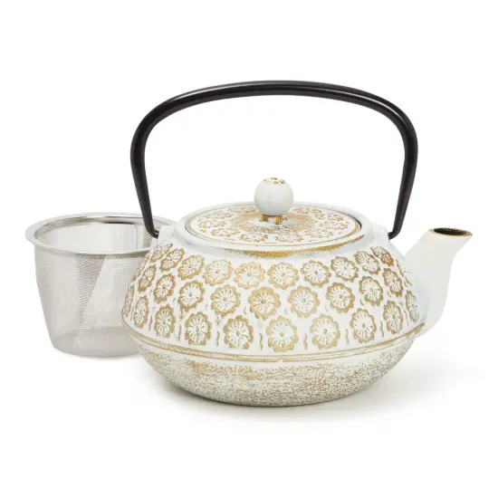 White Floral Cast Iron Teapot Kettle with Stainless Steel Loose Leaf Infuser (34 oz) {1}