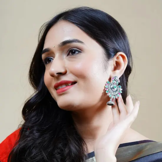 Indian Oxidized Jhumka Earrings for Women - Indian Oxidized Bell Tassel Jhumki Ethnic Floral Chandbali Earrings Faux Pearls Bollywood Style Dangle Earring Jewelry for Bride Gift for Her Ruby Green {7}