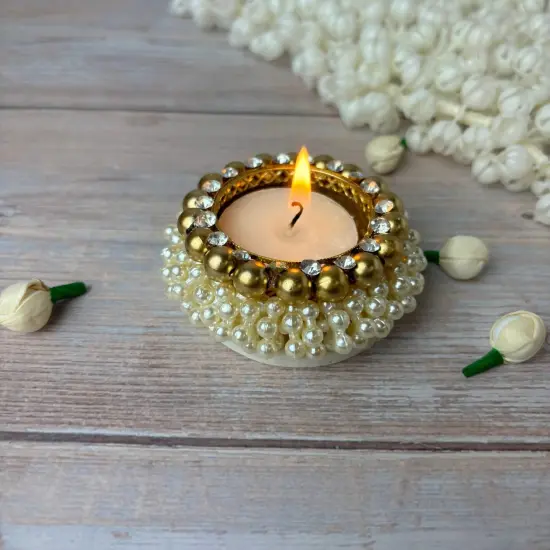 Pearl Tealight Candle Holder Festival of Light Decorative T-light Holder for Diwali Navratri Christmas Thanksgiving Housewarming Gift Candle Stand for Centerpiece Dining Table Home Decor {1}