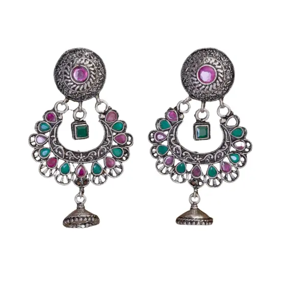 Indian Oxidized Jhumka Earrings for Women - Indian Oxidized Bell Jhumki Ethnic Floral Chandbali Earrings Faux Pearls Bollywood Style Floral Dangle Earring Jewelry for Bride Gift for Her WHITE {5}