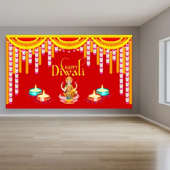 Happy Diwali Banner Indian Traditional Cloth 5x8 Feet Backdrop Indian Diwali Decor Pooja Wall Decor Indian Wall Art Photo Decor Banner Decorative Pooja Cloth Diwali Celebration Red {1}