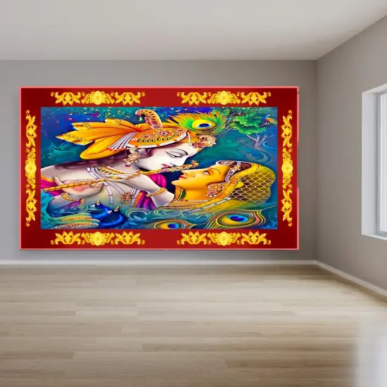 Radha Krishna Backdrop Indian Traditional Cloth 5x8 Feet Backdrop Pooja Wall Decor Indian Wall Art Photo Decor Banner Indian Janmashtami Decor Decorative Pooja Cloth {6}