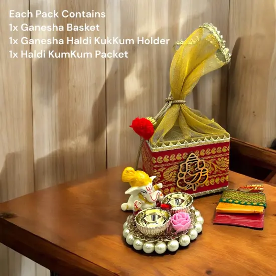 Ganesha Gift Hamper Hindu Religious Ganesh Chaturthi Diwali Puja Housewarming Teej Sankranti Return Gifts - Potli Basket Box Haldi Kumkum Packet & Ganesha Haldi Kumkum Holder {4}
