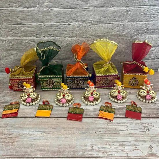 Ganesha Gift Hamper Hindu Religious Ganesh Chaturthi Diwali Puja Housewarming Teej Sankranti Return Gifts - Potli Basket Box Haldi Kumkum Packet & Ganesha Haldi Kumkum Holder {6}
