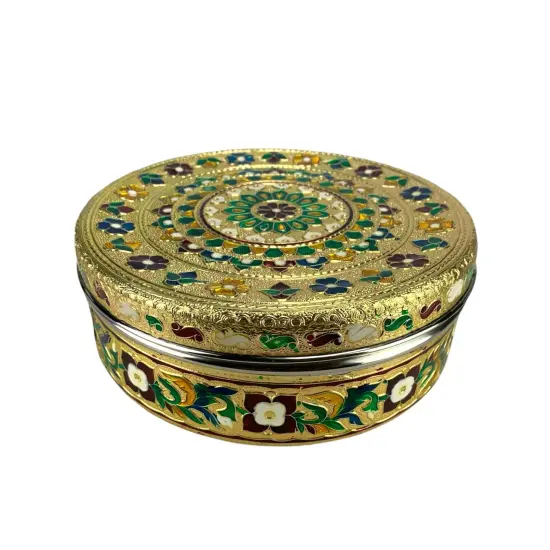 7.5 Inches Decorative Roti Papad Box Stainless Steel Small Sweet Storage Box Meenakari Container Laddu Box Spice Storage Unique Multipurpose Box Gift for Guest {6}