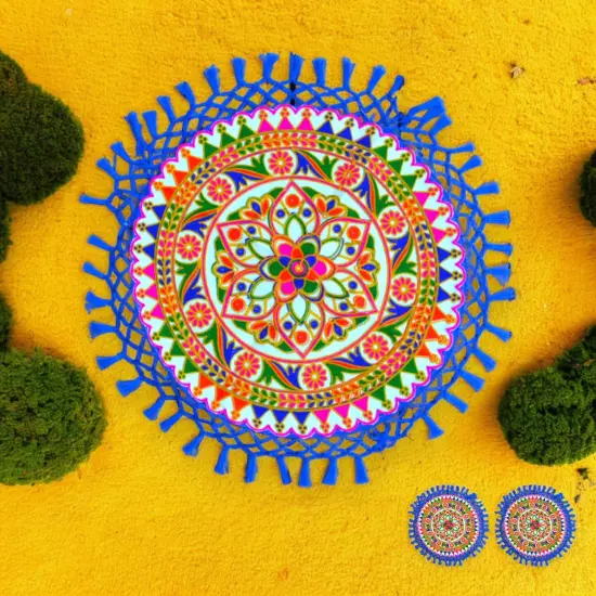 Handmade Indian Woolen Embroidery 2 Pcs Pooja Thali Cover Multipurpose Prasad Thal Posh Wedding Ceremony Decoration Puja Table Chowki Assan Kharwachuth Thali Cover Aasan Gift {5}