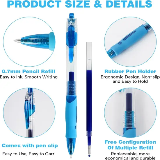 Blue Gel Pens, 12 Pcs Retractable Fine Point 0.7mm With 4 Refills,Blue Pen，Featuring Smooth Writing And Quick-Drying Ink, Suitable For Women, Men, Journaling, School, And Office Use {3}
