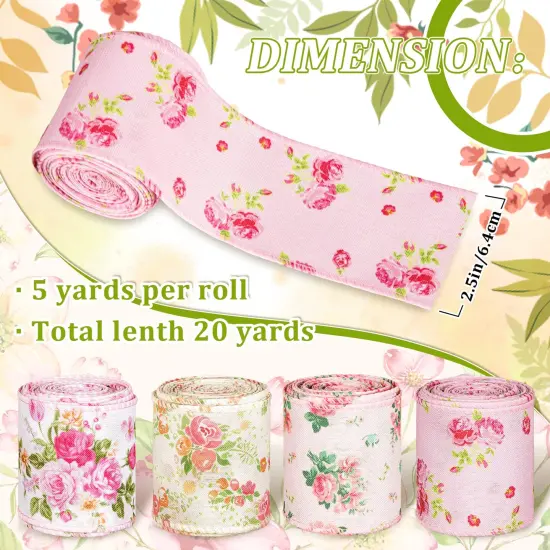 Floral Wired Edge Ribbon 4 Rolls Rose Flower Pattern Ribbon Spring Summer Fabric Decorative Craft Ribbon Roll for Gift Wrapping Decor Hair Bow Sewing Wreath Crafts, 20 Yard x 2.5 Inch {6}