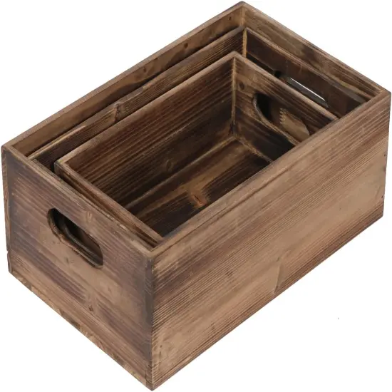 Farmhouse Wood Crate Box Set of 3, Distressed Wooden Crates for Display, Decorative Wood Storage Bins, Rustic Wooden Basket with Side Handles, Home Container Decor for Living Room Outdoor {5}