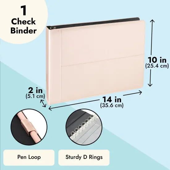 7 Ring Business Check Binder for Checkbooks Organization, Financial Records, Personal and Corporate Use, Rose Gold Faux Leather Folder for 600 Checks (14 x 10 Inches) {4}