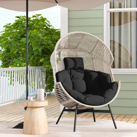 Costway Oversized Egg Style Chair with Cushions & Headrest Heavy-Duty Metal Frame for Yard Off White/Grey/Black {5}