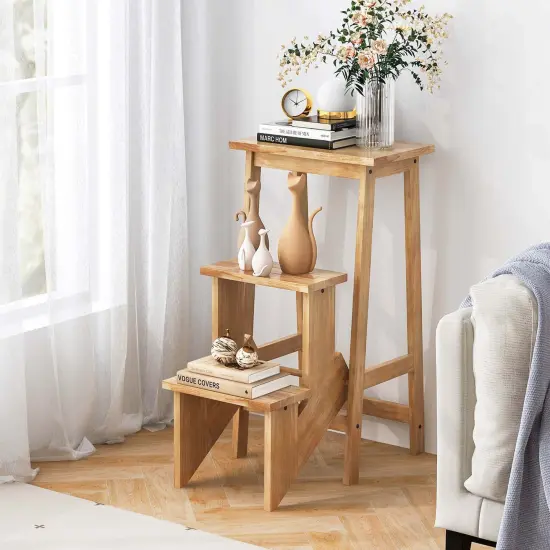 Costway 3 Tier Folding Step Stool 3-in-1 Rubber Wood Ladder Storage Shelf Coffee/Brown/Natural/White {2}