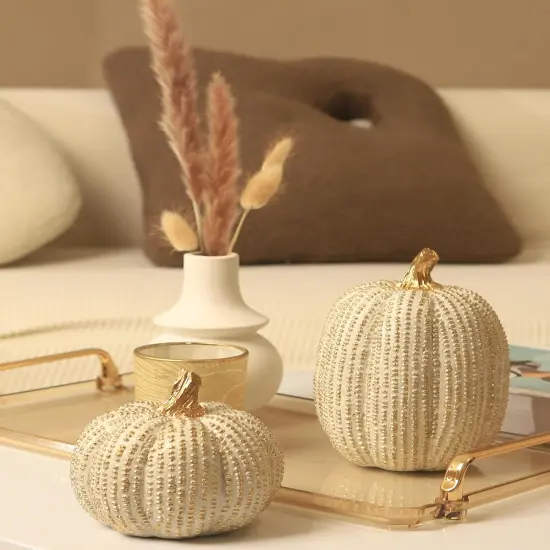2PC White and Gold Pumpkin Decor Figurine {2}