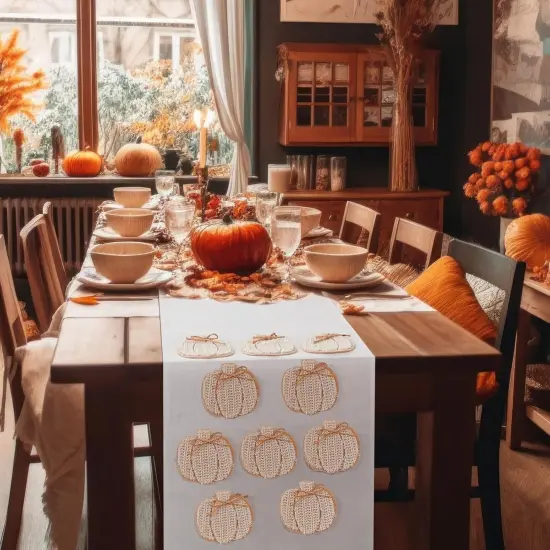 Fall Pumpkins Table Runner 3D Embroidered Handmade Linen 90 x 14 Inch {2}