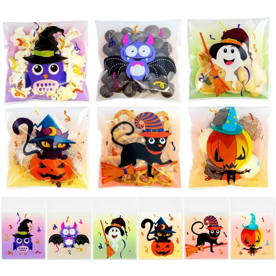 Wrapables Transparent Self-Adhesive 4" x 4" Candy and Cookie Bags for Party Favors, Trick or Treating (100pcs), Halloween {1}