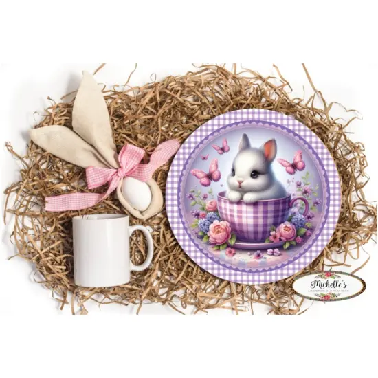 Purple Plaid Check Easter Spring Bunny Teacup Sign {3}
