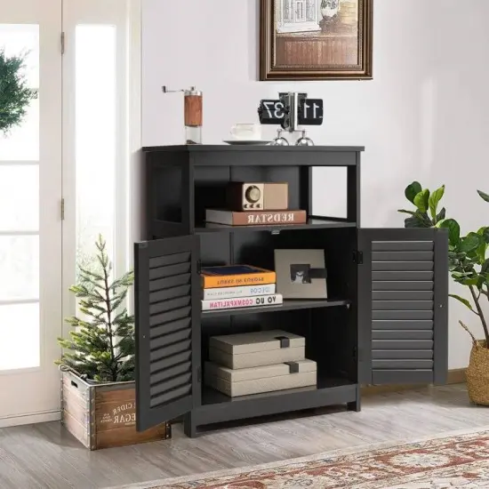 Bathroom Floor Cabinet with Louvered Doors and Open Shelf, Adjustable Storage Organizer Black {3}