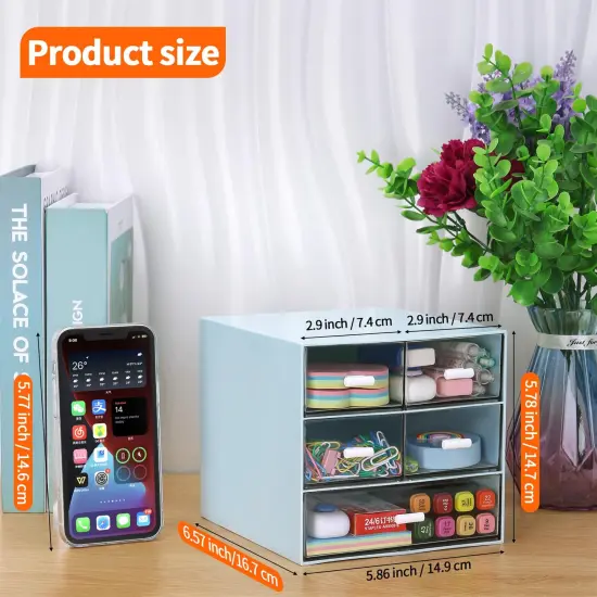 Desk Organizer with 5 Drawers, Rectangular Office Stationery Supplies Desktop Drawers, Plastic Makeup Storage, Suitable for Office, School, Home (Blue & 5 Drawers) {1}