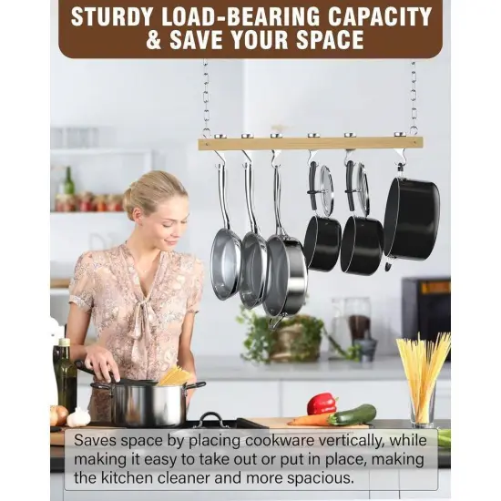 Ceiling Mounted Wooden Pot Rack with Hooks for Kitchen Storage {2}