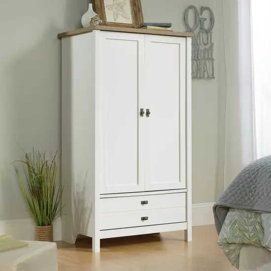 Farmhouse Bedroom Armoire Cabinet with Bottom Storage Drawer in White Wood Finish {5}