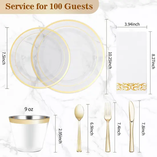 700PCS Gold Disposable Dinnerware Set &ndash; Plates, Cutlery, Cups & Napkins for 100 Guests {4}