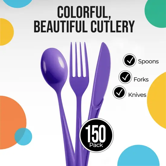 Exquisite Polished Plastic Silverware &ndash; 150 Pcs Heavy Duty Cutlery Set &ndash; 50 Each of Forks, Knives & Spoons &ndash; Disposable Utensil Set for Parties, Events & Catering &ndash; Flatware Set by Party Solids Purple {2}