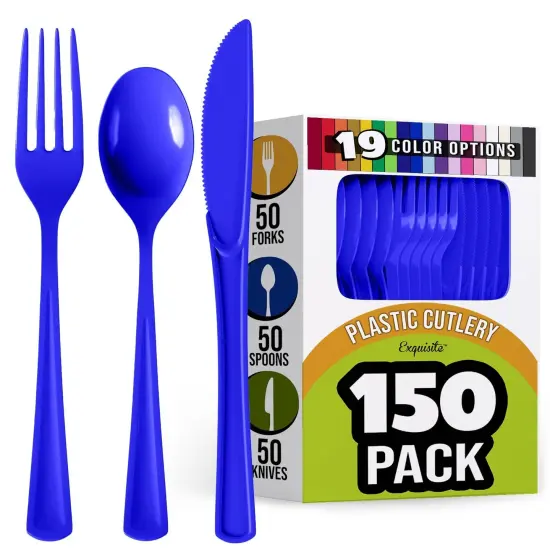 Exquisite Polished Plastic Silverware &ndash; 150 Pcs Heavy Duty Cutlery Set &ndash; 50 Each of Forks, Knives & Spoons &ndash; Disposable Utensil Set for Parties, Events & Catering &ndash; Flatware Set by Party Solids Dark Blue {1}