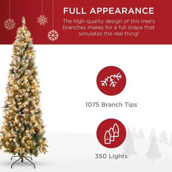 Frosted Pencil Christmas Tree Pre Lit Slim Tree with Pine Cones, 350 Lights & Metal Base {5}