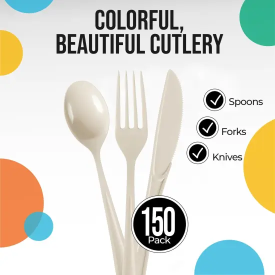 Exquisite Polished Plastic Silverware &ndash; 150 Pcs Heavy Duty Cutlery Set &ndash; 50 Each of Forks, Knives & Spoons &ndash; Disposable Utensil Set for Parties, Events & Catering &ndash; Flatware Set by Party Solids Ivory {2}