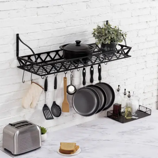 Rectangular Wall Pot Rack with Hooks for Kitchen Storage {1}