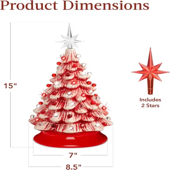 15in Ceramic Christmas Tree Pre-Lit Tabletop Holiday Tree with Star Topper and Multicolored Bulbs Peppermint {6}