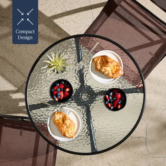 Best Choice Products 3-Piece Patio Bistro Dining Furniture Set w/ Round Textured Glass Tabletop, Folding Chairs Brown {5}