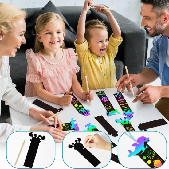 60Pcs Sea World Animals Scratch Bookmarks for Kids DIY Under The Sea Magic Art Rainbow Color Paper Craft Kit Summer {2}