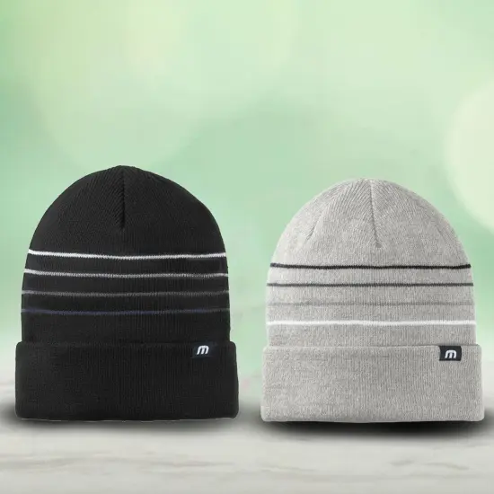 TravisMathew Striped Cuffed Beanie Acrylic Warm Cozy Adjustable Cuff Personalized Fit Light Grey Heather {2}