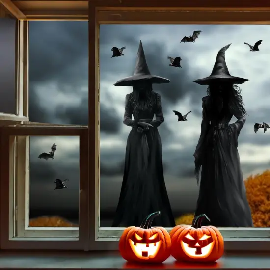 3pcs Large Dark Witch and Bats Silhouette Halloween Decals {4}