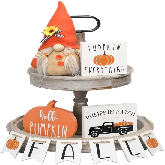 Fall Tiered Tray D&eacute;cor Wood Sign & Gnome Plush, Set of 5 {1}