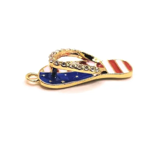 Red White and Blue Enamel Gold Plated Flip Flop Sandal 3D Charms with Rhinestones, 33x12mm {2}