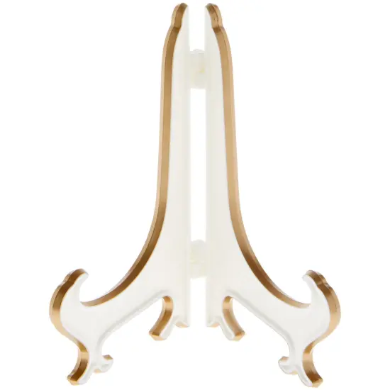 Bard's Hinged White and Gold Plastic Plate Stand, 5" H x 4" W x 3.5" D (For 5" - 7.5" Plates) {1}