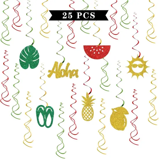 Hawaii Hanging Swirl Decorations - Glitter 20 Pcs Aloha Party Supplies - Luau Beach Summer Party Streamers {1}