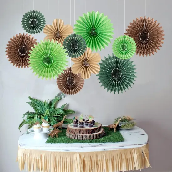 11 Pcs Hanging Paper Fans Decoration Green and Brown Paper Flowers Deco Tropical Jungle Birthday Party Decorations for Summer {3}