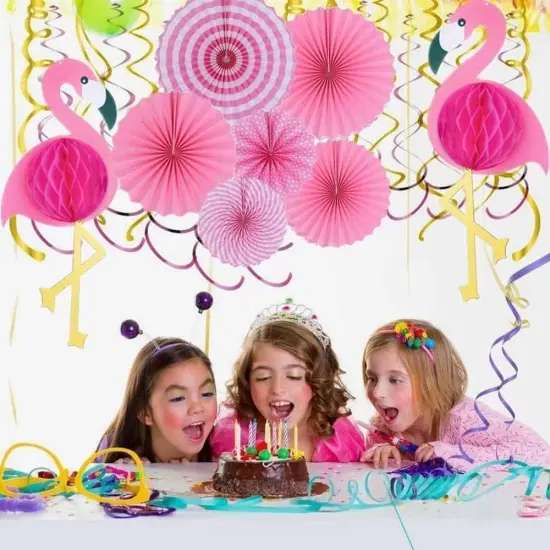 Flamingo Party Honeycomb Decoration, Hanging Pink Paper Fans, Birthday Banners, Swirl Decorations {3}