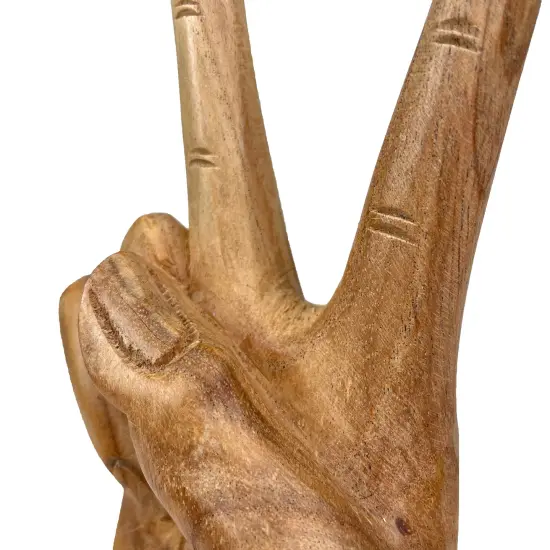 Carved Wooden Peace Sign Hand Gesture Statue Natural Finish 7.75 Inches High {4}
