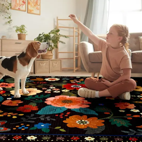 Spring Floral 5x7 Area Rug Machine Washable Boho Carpet Non Slip Doormat Low Pile Flower Area Rugs for Living Room Bedroom Kitchen Dining Room Hallway Entryway Indoor-Black {2}