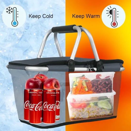 Collapsible Picnic Basket Insulated with Lid 27L Large Capacity Reusable Portable Folding Market Shoping Bag with Handles for Grocery {2}