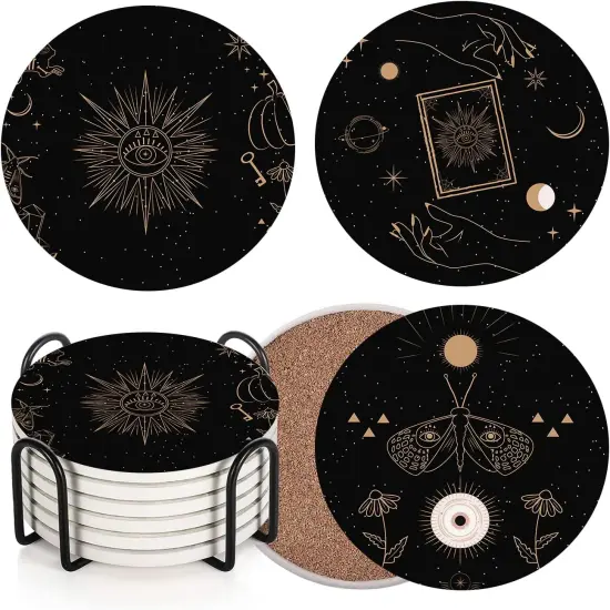 Table Coaster for Drinks Set of 6, Cute Black Mystical Skulls Animals {1}