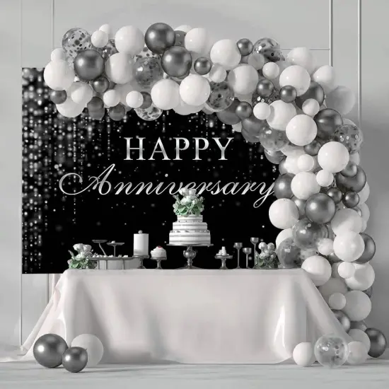 Black Silver Happy Anniversary Backdrop 7x5ft Silver Glitter {2}