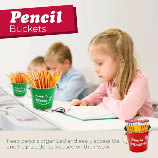 4E's Novelty Sharp and Dull Pencil Buckets - Set of 2 Metal Tin Pails, Back to School Teachers Classroom Management Organization Supplies {4}
