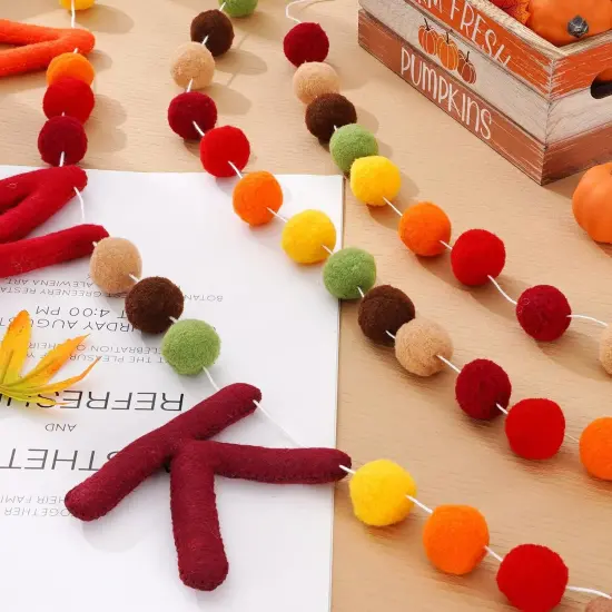 3Pcs Fall Felt Banner 3D Thankful Banner Felt Pom Pom Balls {3}