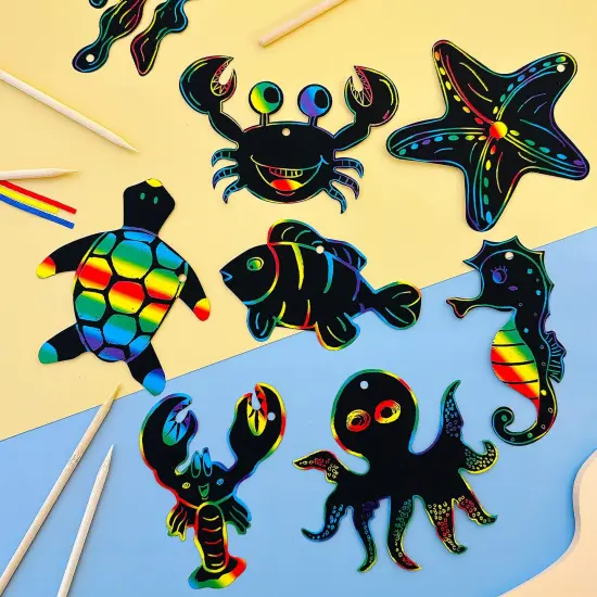 Wrapables 36pc Rainbow Scratch Arts Ornaments, DIY Magic Scratch Arts and Crafts, Sea Animals {4}